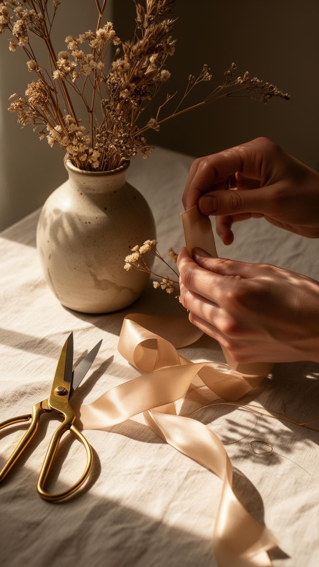 Hands arranging botanicals in warm window light