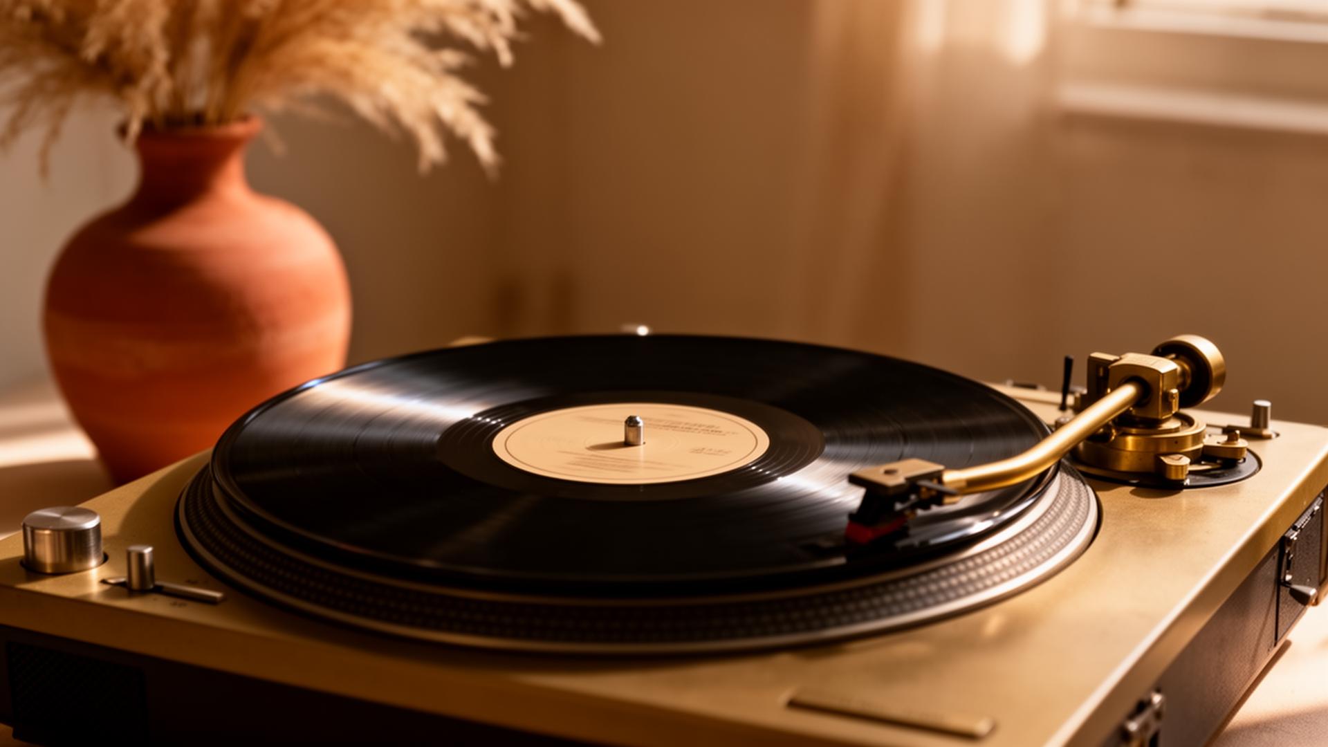 Vinyl record on a turntable in warm light
